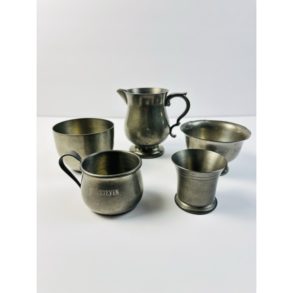Vintage Pewter Pieces Creamer Beaker Cup Paul Revere Bowl Jefferson Cup Colonial